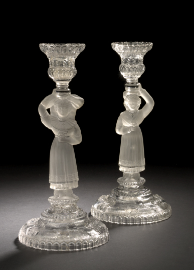 Appraisal: Good Pair of Franco-Belgian Pressed and Parcel-Satine Glass Figural Candlesticks