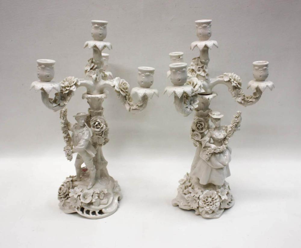 Appraisal: PAIR OF DRESDEN FIGURAL PORCELAIN CANDELABRA four-lights one depicting a