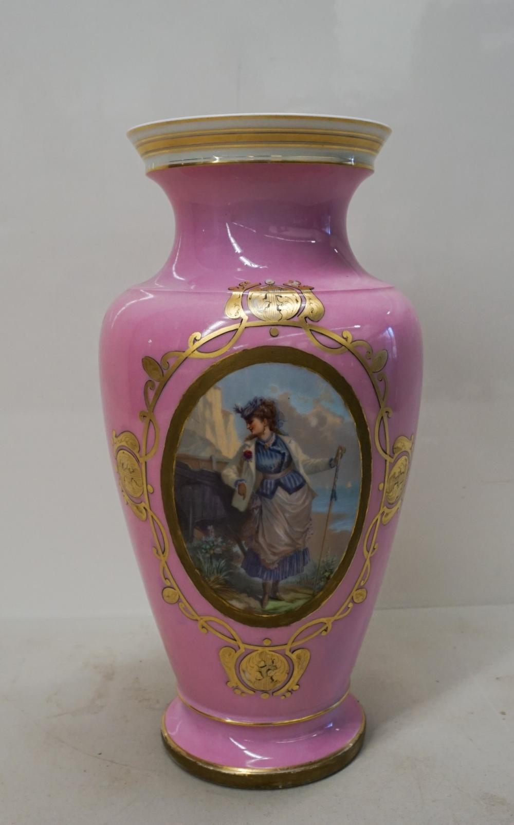 Appraisal: Paris Porcelain Rose Ground Pictorial Vase H in cm