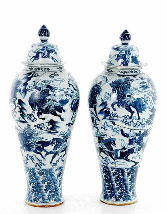 Appraisal: Pair monumental Chinese Export blue-and-white covered urns bulbous tapering bodies