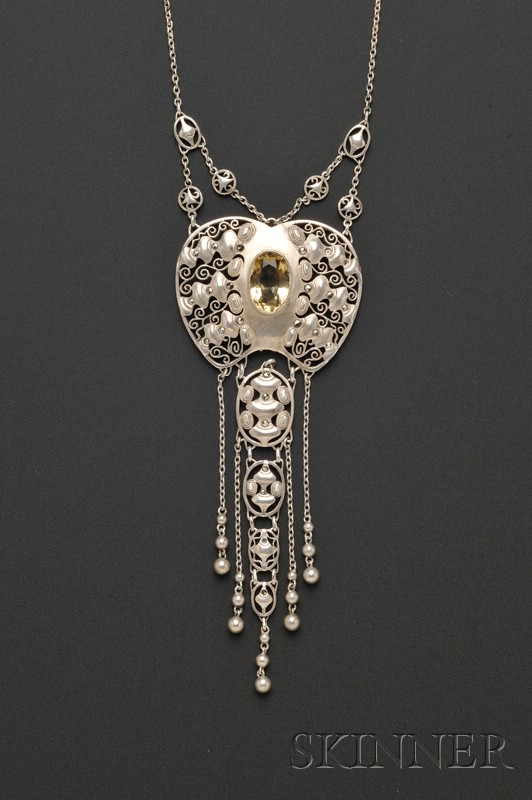 Appraisal: Jugendstil Silver Citrine and Marcasite Pendant Necklace Probably Phorzheim c