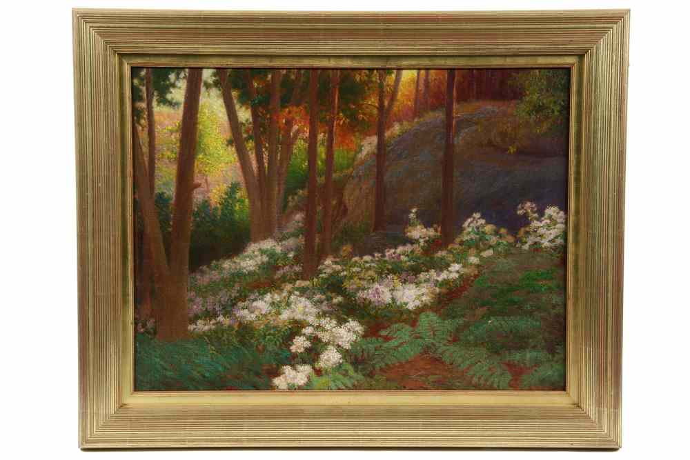 Appraisal: OOC- Wooded landscape with large boulder ferns and daisies signed