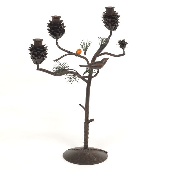 Appraisal: PATINATED AND COLD PAINTED METAL THREE-LIGHT PINE TREE CANDELABRUM x