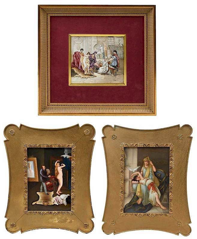 Appraisal: Three Framed Continental Painted Plaques th century Roman Interior Scene