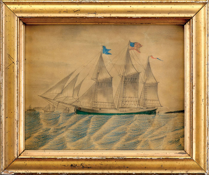 Appraisal: DRAWING OF AN AMERICAN SCHOONER Pencil with crayon on paper