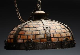 Appraisal: Arts Crafts Hanging Lamp Shade Leaded glass Copper hardware Excellent