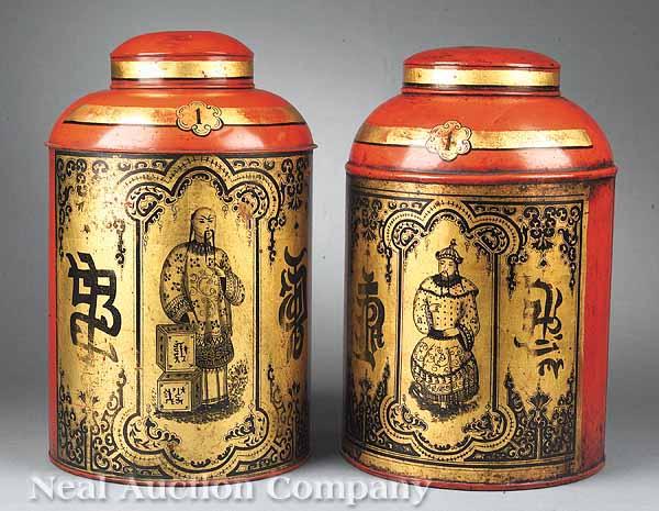 Appraisal: A Pair of Antique English T le Covered Tea Canisters