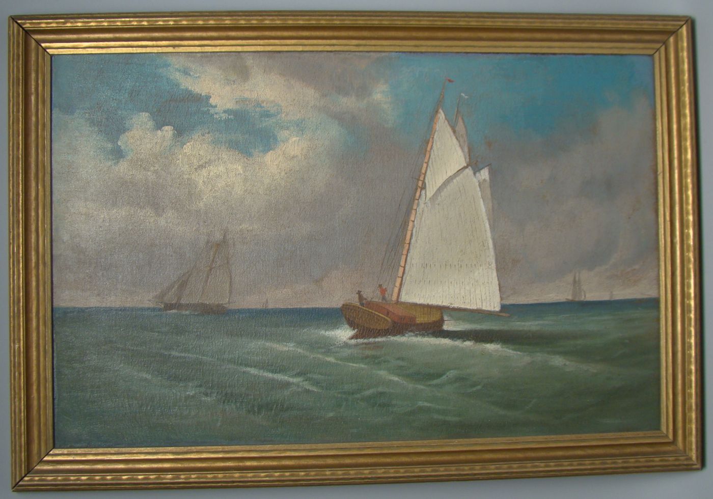 Appraisal: FRAMED PAINTING Primitive portrait of a sailing schooner with other