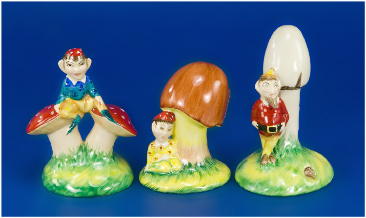 Appraisal: Oldcourt Ware handpainted figures in total garden elves on toadstools