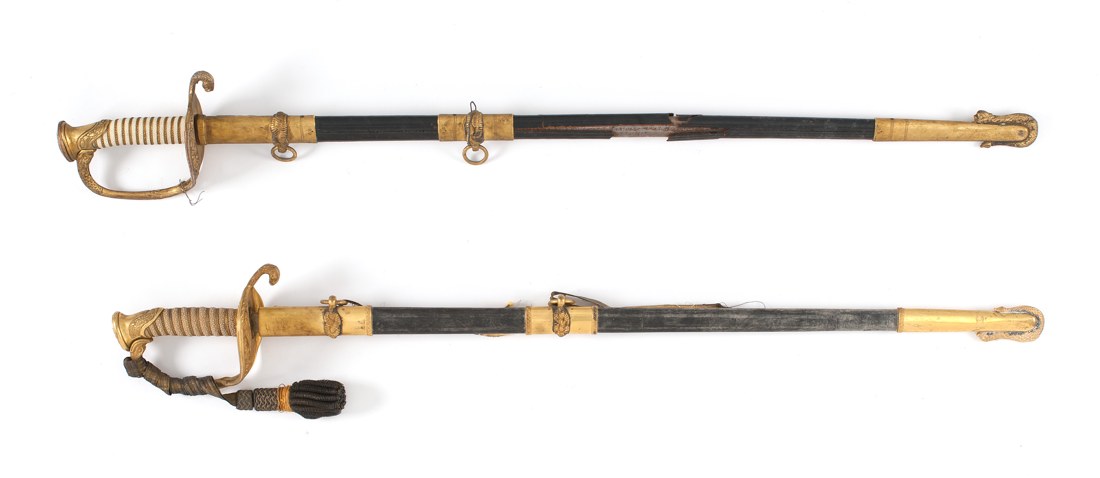 Appraisal: TWO U S NAVY MODEL SWORDS AND SCABBARDS th CenturyPommels