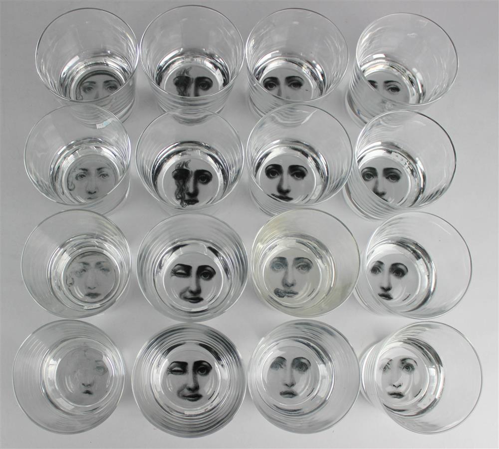 Appraisal: SIXTEEN PIERO FORNASETTI GLASS TUMBLERS black printed ' FORNASETTI each