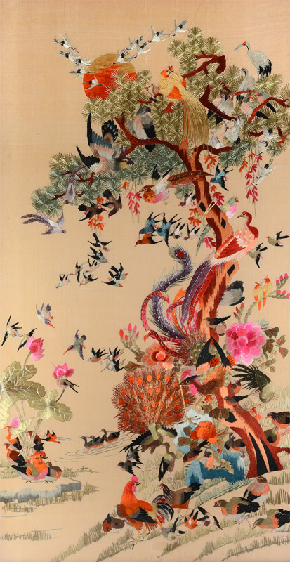 Appraisal: ELABORATE ORIENTAL EMBROIDERY WITH BIRDS Representing a multitude of varieties