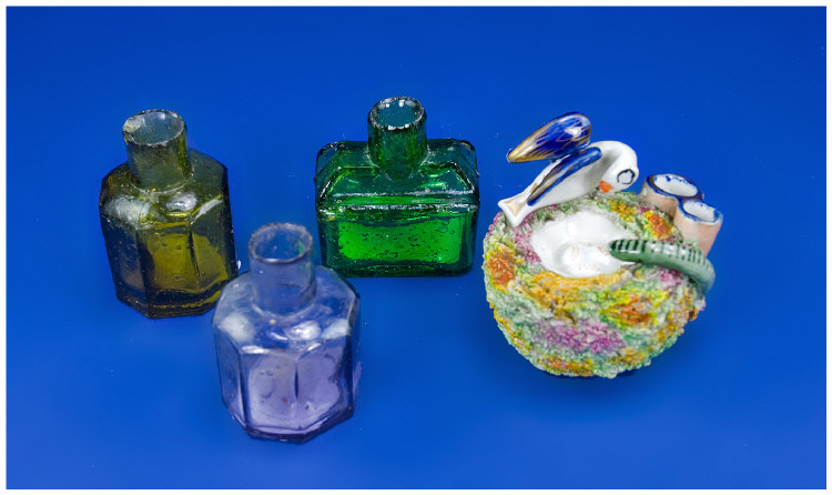 Appraisal: Three Shear Necked Old Ink Bottles along with a Staffordshire