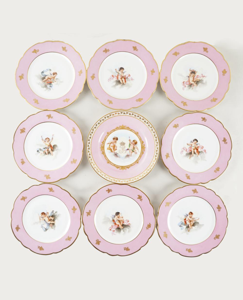 Appraisal: NINE SEVRES PINK-GROUND PORCELAIN PLATEScomprising eight with blue painted interlace