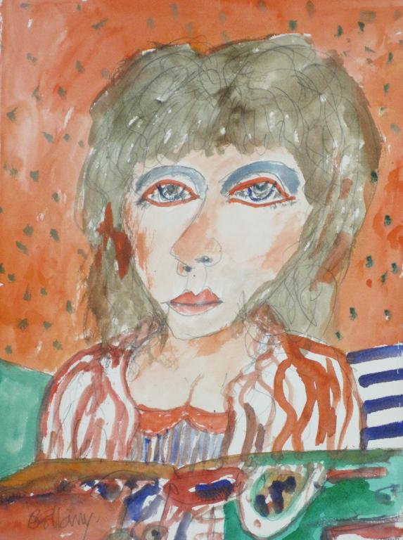 Appraisal: JOHN BELLANY b Woman in red and white stripes signed