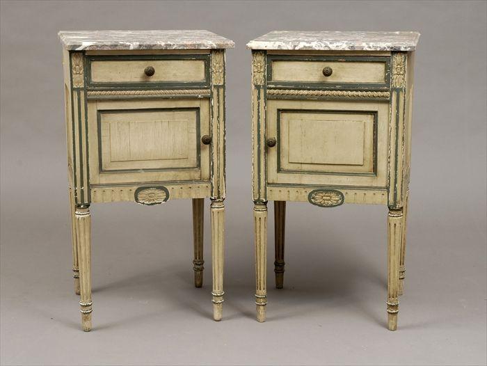 Appraisal: Pair of Directoire-Style Cream and Blue Painted Marble-Top Nightstands x