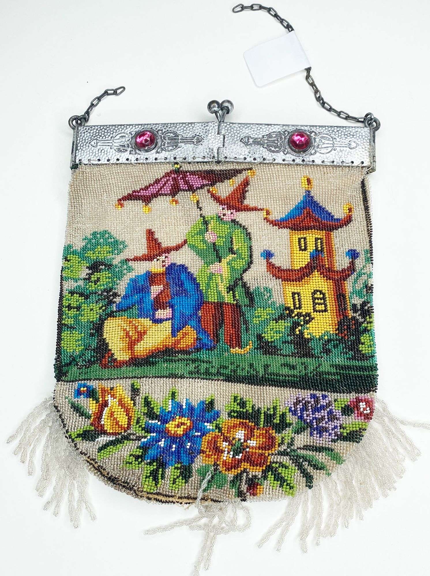 Appraisal: Micro Beaded Card Bag with Asian Inspired Scene long at