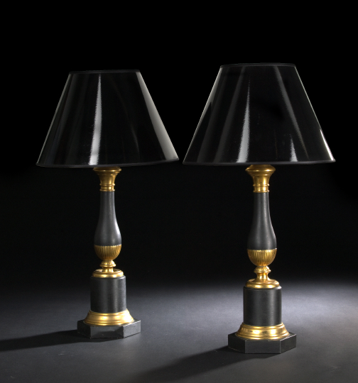 Appraisal: Pair of French Satin Black-Painted and Parcel-Gilt Brass Table Lamps