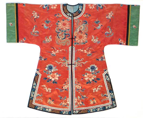 Appraisal: Two embroidered silk coats Late Qing Republic Period One a