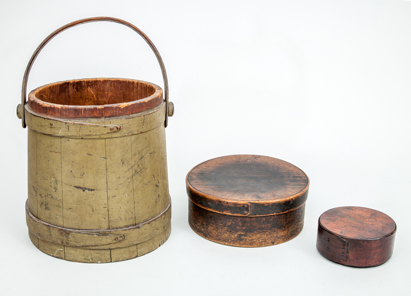 Appraisal: GREEN PAINTED WOOD FIRKIN AND TWO BENT-WOOD BOXES The firkin