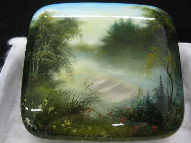 Appraisal: Russian Lacquerware Box spring landscape mother-of-pearl stream '' x ''