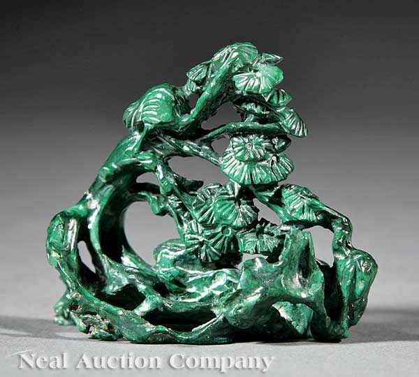 Appraisal: A Chinese Carved Malachite Model of a Gnarled Pine the