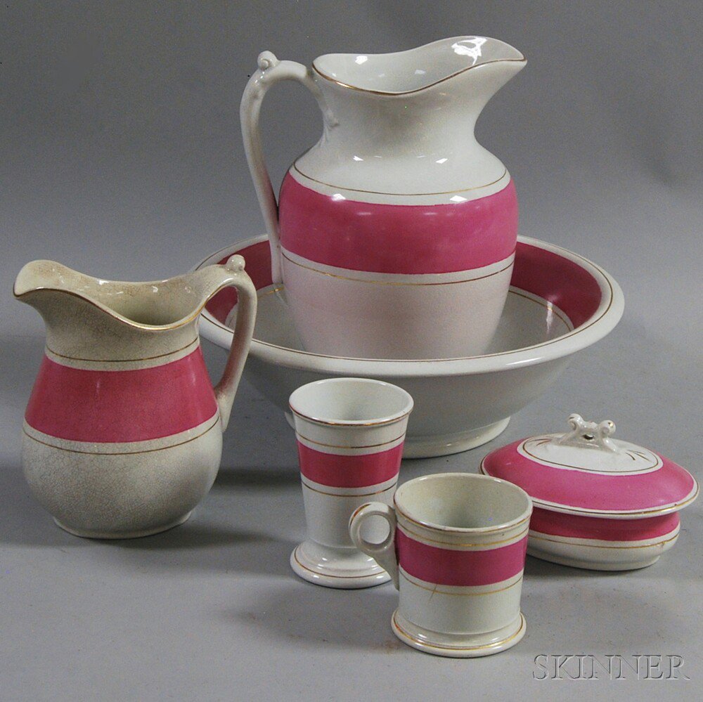 Appraisal: Six-piece Burgess Campell Pink-banded White Ironstone Washroom Set consisting of