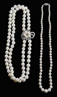 Appraisal: Two Pearl and Diamond Necklaces one necklace double strand of