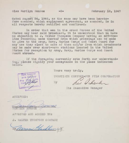 Appraisal: MARILYN MONROE Typed letter signed by Monroe regarding the terms