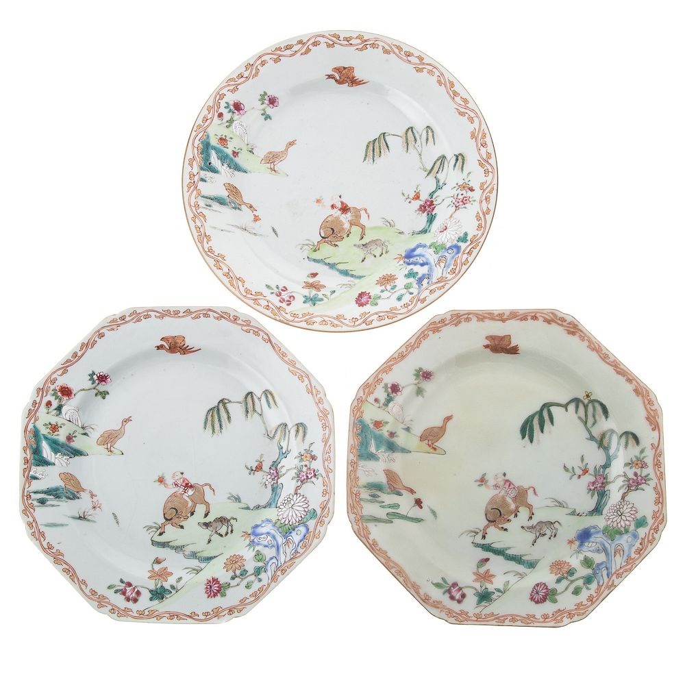 Appraisal: Three Chinese Export Famille Rose Plates Circa two octagonal and