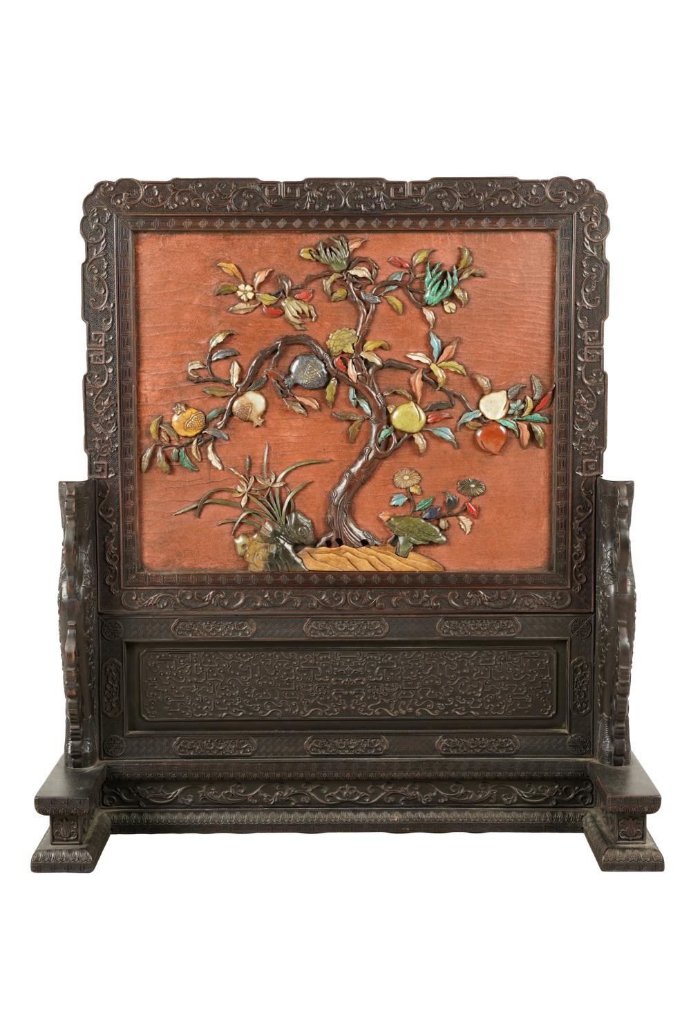 Appraisal: CHINESE STONE-INLAID TABLE SCREEN ON STANDwith lacquered landscape scene verso