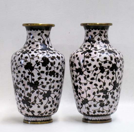 Appraisal: PAIR CHINESE CLOISONNE VASES having black cherry blossom motif on