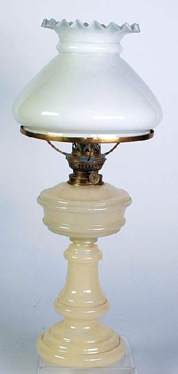 Appraisal: OPAQUE WHITE GLASS OIL TABLE LAMP AND SHADE with brass