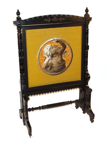 Appraisal: HIGH VICTORIAN EBONIZED BEADED AND NEEDLEWORK FIRESCREEN Incise carved frame