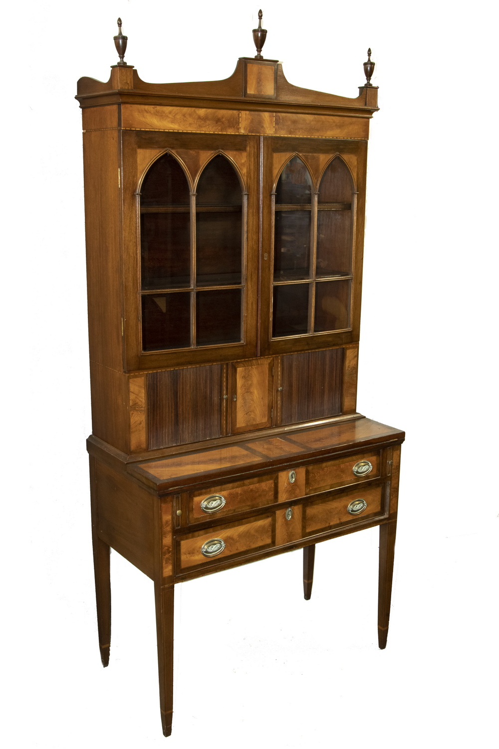 Appraisal: TWO-PART CUSTOM HEPPLEWHITE GLASS FRONT SECRETARY WITH TAMBOUR DOORS Stepback