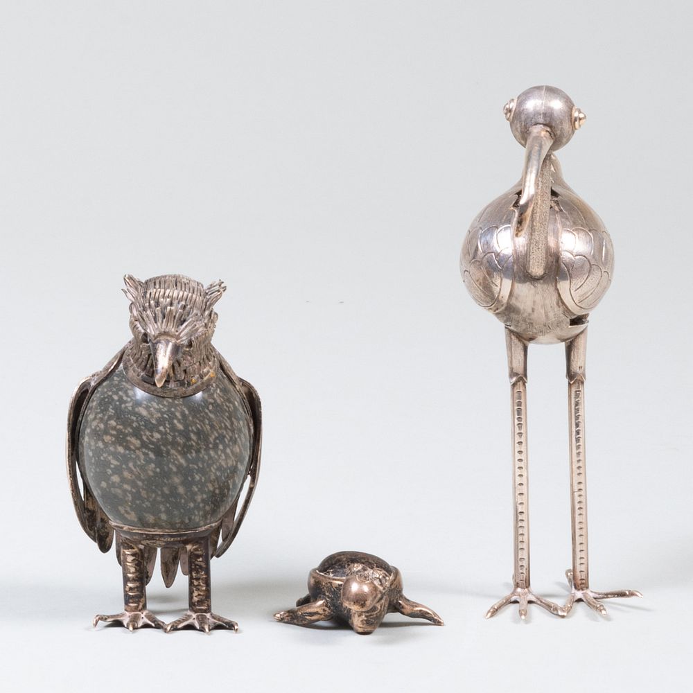 Appraisal: Two Mexican Silver-Mounted Hardstone Models of Birds Each marked '