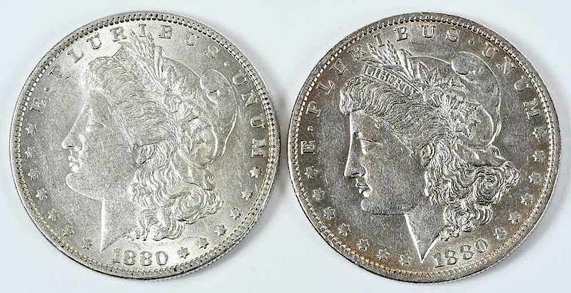 Appraisal: Two -O Morgan Dollars both micro mintmark variety Provenance Alex