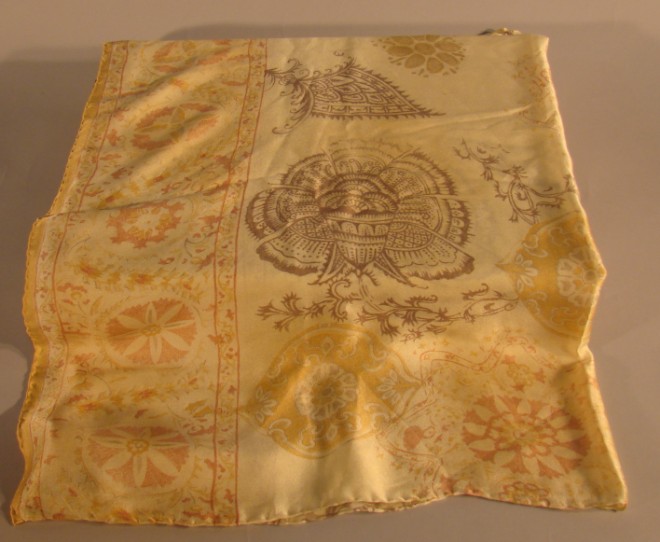 Appraisal: Giorgio Armani yellow purple print silk scarf with crests Approx