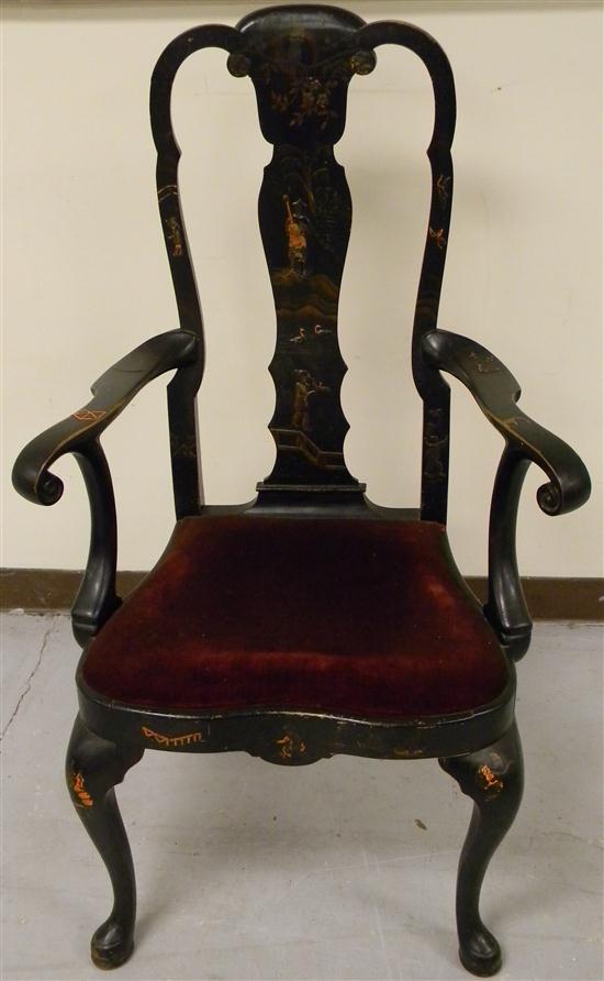 Appraisal: Chinoiserie decorated open armchair shaped splat shaped skirt cabriole legs