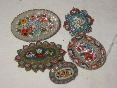 Appraisal: FIVE MICRO MOSAIC BROOCHES of oval form with inlaid flowers