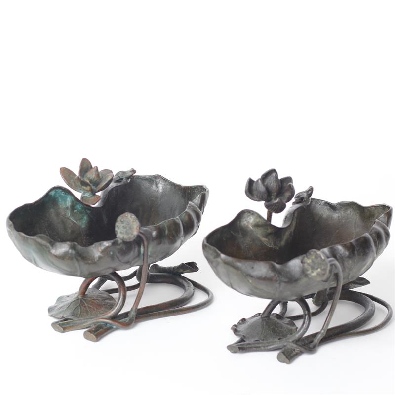 Appraisal: Pair Japanese bronze naturalistic form lotus vessels featuring with applied