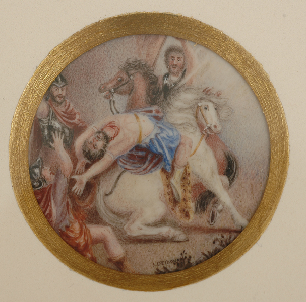 Appraisal: A FRAMED MINIATURE ON IVORY Circular depicting men on horseback