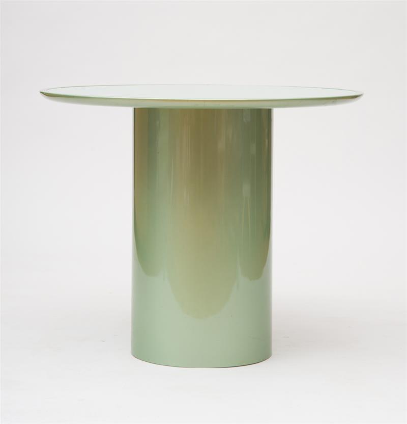 Appraisal: CONTEMPORARY GLASS-TOP LACQUERED WOOD PEDESTAL TABLE With cylindrical support x