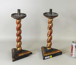 Appraisal: Pair Early Gilt Polychromed Wood Candlesticks Pair early gilt and