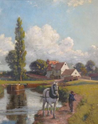 Appraisal: Cyrus Johnson RI - Canal scene with a horse drawn