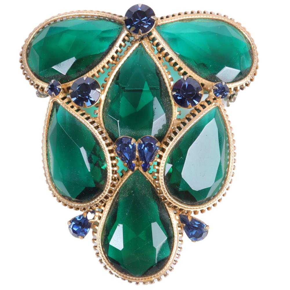 Appraisal: HUGE FRENCH CRYSTAL BROOCH WITH LARGE H EMERALD FACETED TEARDROPS