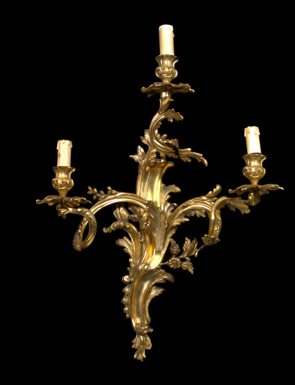 Appraisal: Pair of Louis XV-Style Gilt-Lacquered Brass Three-Light Appliques the foliate