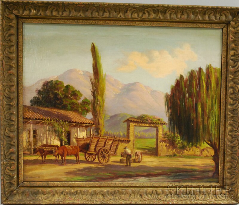 Appraisal: Alberto Lobos Chilean - Figures Loading an Ox Cart before