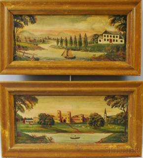 Appraisal: Pair of Framed Overmantel Paintings th century both river landscapes