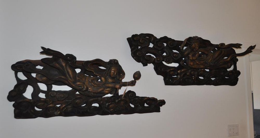 Appraisal: Two Asian Architectural Relief Carvings carved with figures flying through